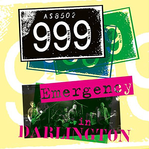 "CD cover with band on stage, license plates, and distressed text on yellow background."