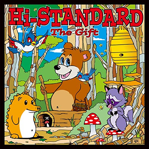 Cartoon forest scene with a bear, hedgehog, raccoon, and birds.