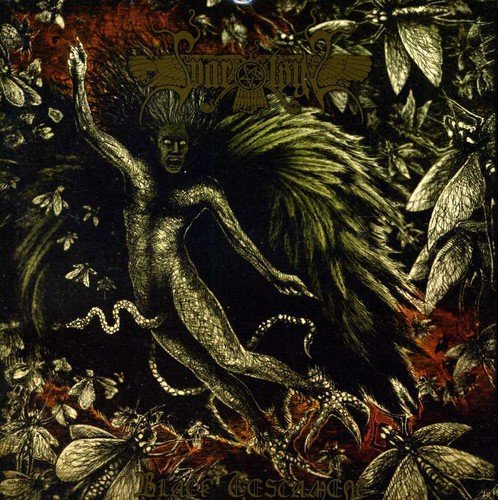 Dark painting of a winged, humanoid figure amidst foliage and insects.
