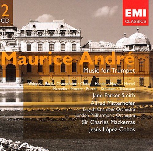 "CD cover with 'Maurice Andre' in orange text, featuring a grand building."