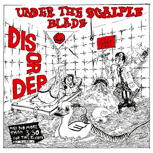 Black and white cartoon album cover depicting a surgical scene with animals.