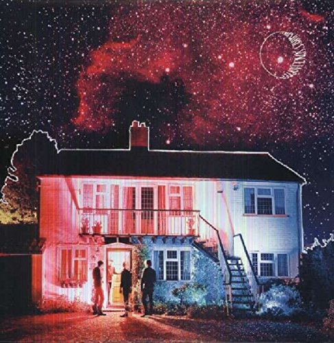 "Album cover featuring a white house with three people outside under a starry night sky."