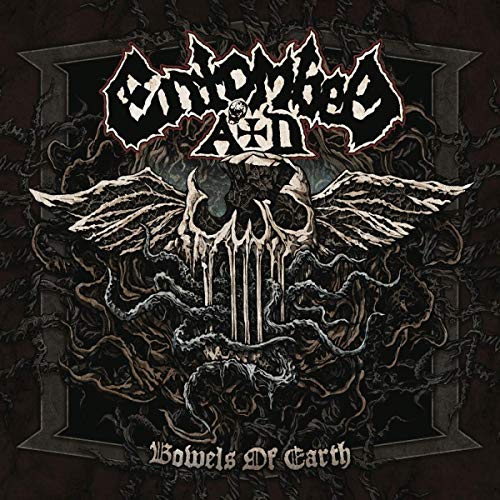 "Album cover art for Entombed A.D. - Bowels of Earth, featuring a skull with wings."