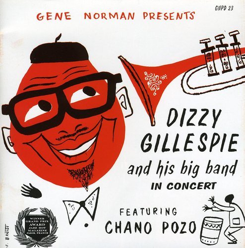 The alt text for the image is: "Album cover with cartoon face and trumpet, featuring Dizzy Gillespie."