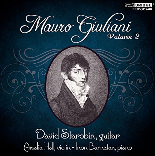 CD cover with Mauro Giuliani's portrait, dark blue background, and decorative swirls.
