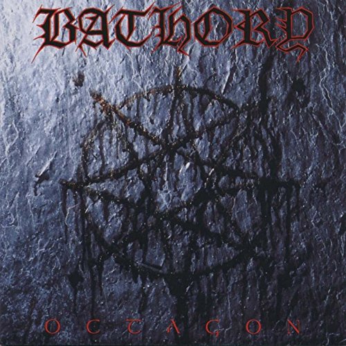Bathory’s “Octagon” vinyl album cover: a dark, textured pentagram design.