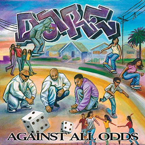 Colorful album art with graffiti text, people skateboarding, and large dice in foreground.