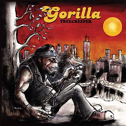 Album cover: illustrated gorilla with a bird, city skyline, yellow sun.