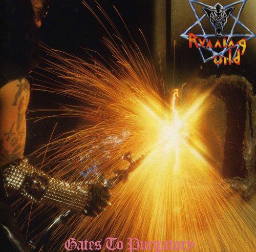 "Album cover: 'Running Wild' with sparks flying from a welding torch, dark background, logo."