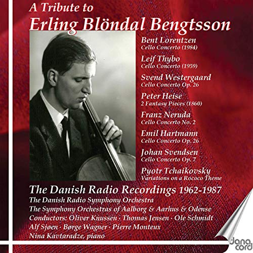 A man holding a cello, red background, white text listing musical pieces.