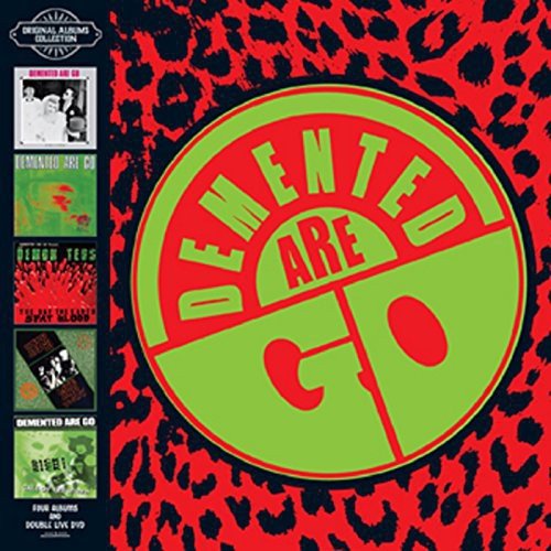 "Red and black leopard print background with green and red logo and album covers."