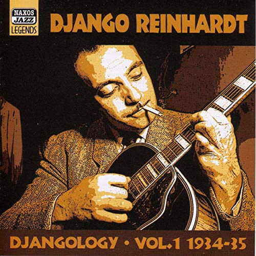 Django Reinhardt playing guitar, album cover for “Djangology” CD.