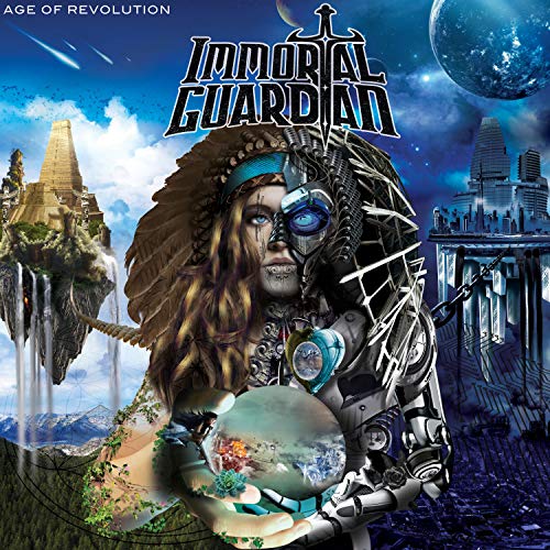 Album cover: cyborg warrior with feathered headdress, futuristic city backdrop.