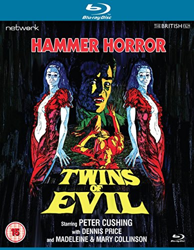 Blu-ray cover for horror film “Twins of Evil” featuring ghostly figures.