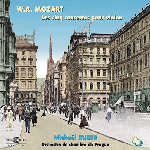 CD cover: Mozart violin concertos, featuring a vintage Prague street scene.