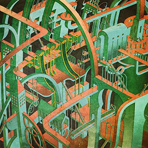 The image is an abstract, futuristic illustration. A concise alt text could be: "CD cover art with abstract, green, orange, and blue futuristic architecture."