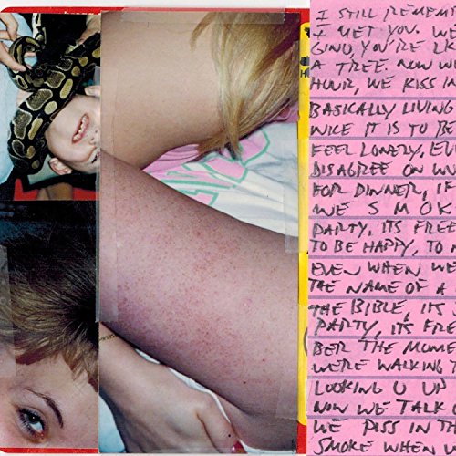 "CD cover with collage of images and handwritten song lyrics on a pink background."