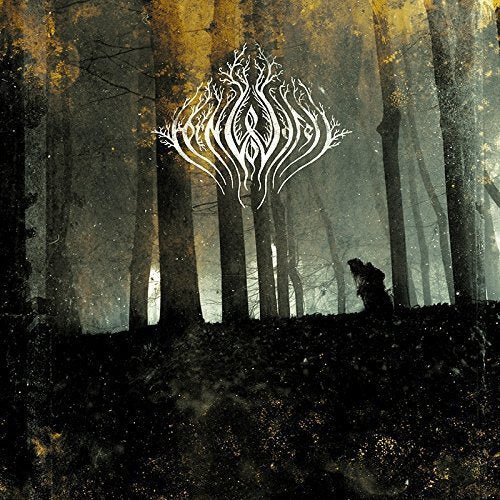 "Album cover featuring a dark forest scene with a stylized white logo and silhouette."