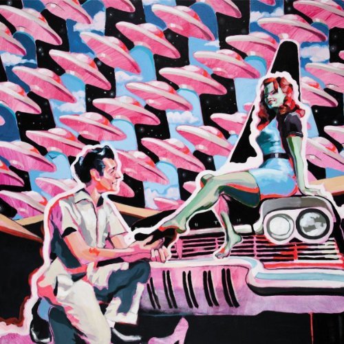 Painted album cover with a man, alien, and vintage car under UFOs.