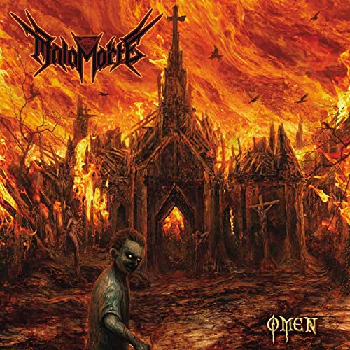 Burning church and desolate landscape with figure, album cover art.