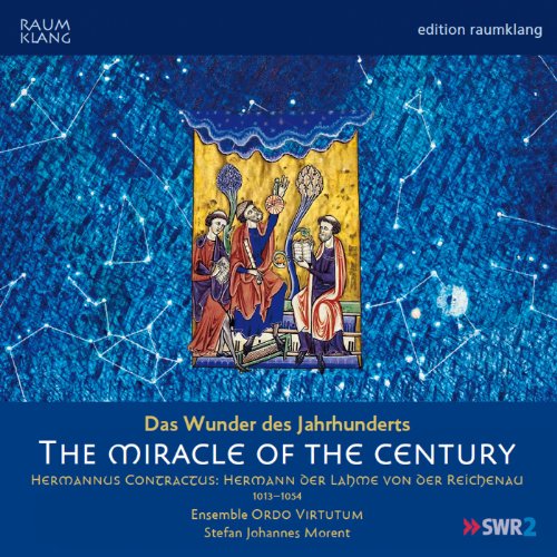 A medieval-style CD cover with blue background, constellation pattern, and religious illustration.