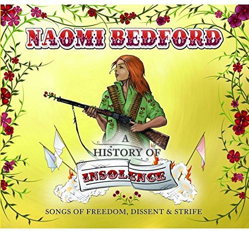 "CD cover featuring Naomi Bedford holding a rifle, surrounded by flowers and flags."