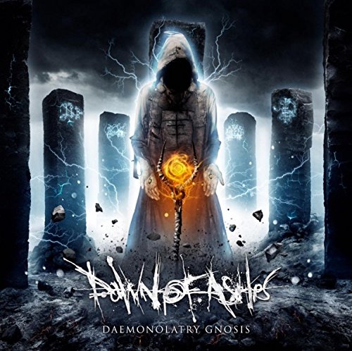 A hooded figure holding a glowing staff, surrounded by stone pillars and lightning.