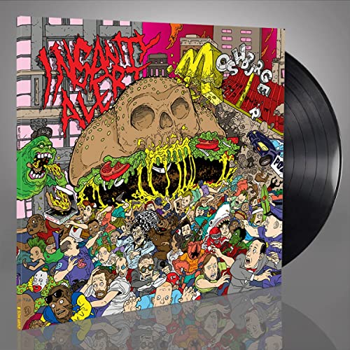 Vinyl record with cartoon cover of a skull-burger and chaotic cityscape.