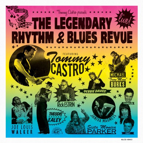 "Album cover with rainbow background and black-and-white images of musicians."