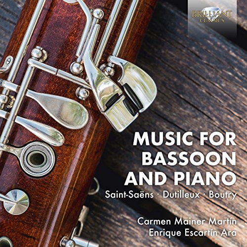 Bassoon on a wooden surface with "Music for Bassoon and Piano" text overlay.