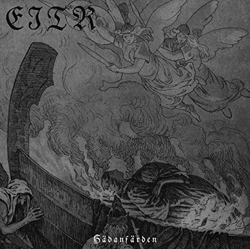 "Black and white album cover art with angels and demons in a fiery scene."