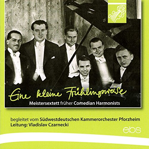 "CD cover with black and white photo of six men in suits near a piano."