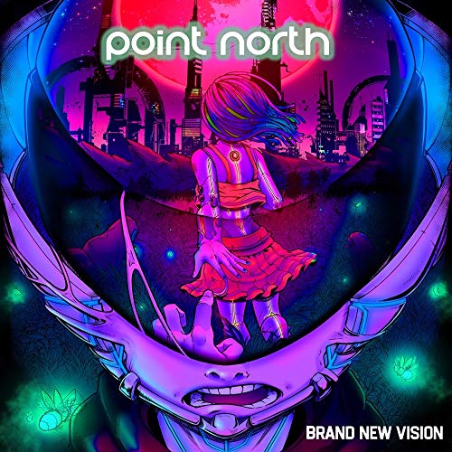 Album cover: woman in helmet views a neon, futuristic cityscape.