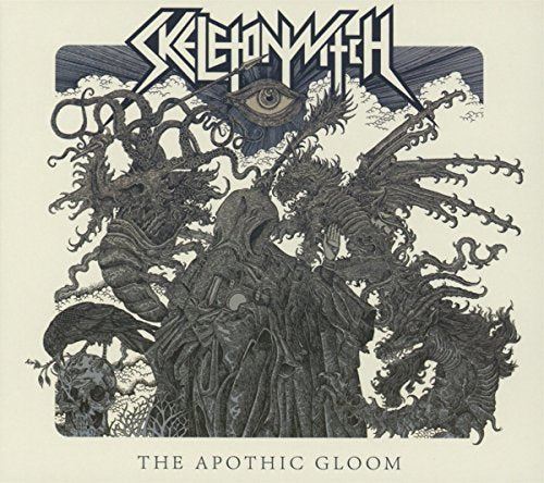 Skeletonwitch album cover featuring dark, green illustration of twisted figures and an eye.