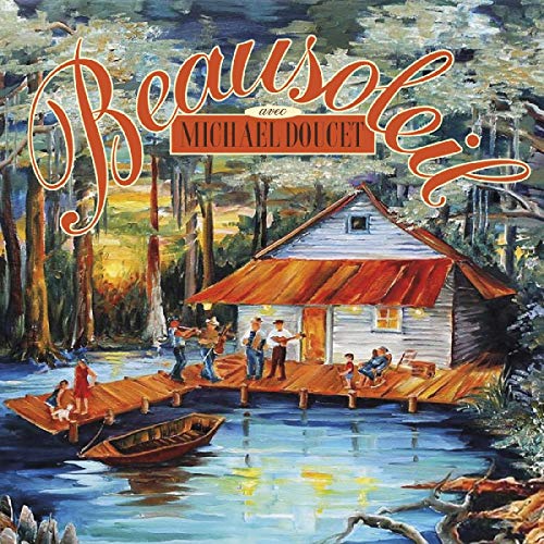The image is a CD cover featuring a painting of a riverside cabin. Alt text: "CD cover art with riverside cabin and people on dock."