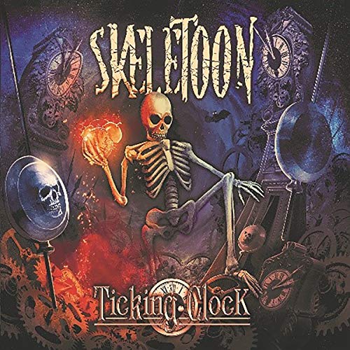 Skeleton holding a glowing orb amidst clocks and gears, album cover.