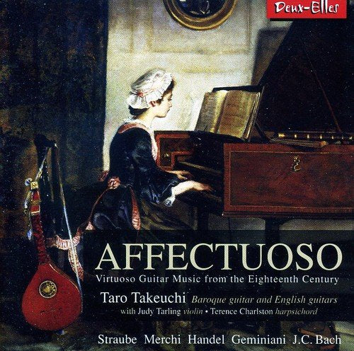 A CD cover featuring a woman playing a harpsichord with a guitar beside her.