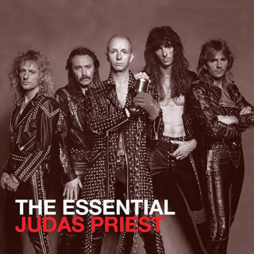 "CD cover featuring sepia-toned image of Judas Priest band members in leather outfits."