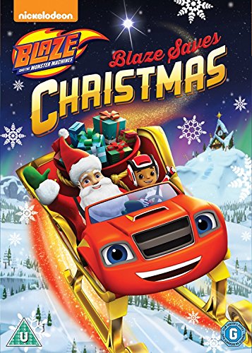 "Blaze and Santa in a red car with presents, snowy background, Nickelodeon logo."