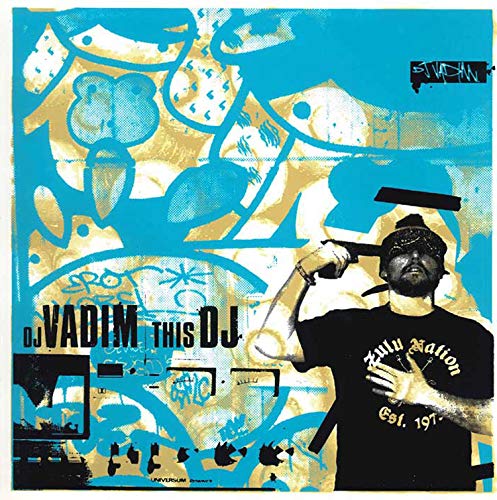 Vinyl record cover with a man holding a microphone, abstract blue and beige background.