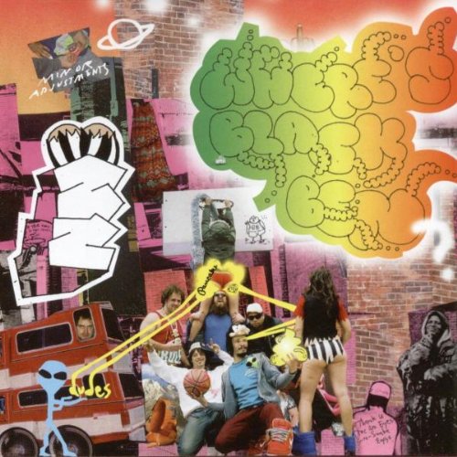 The image is a vibrant, abstract collage. Alt text: "Colorful abstract collage with people and musical instruments".