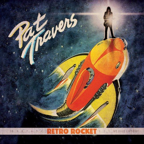 "Vinyl album cover with cartoon rocket and person on top, against a starry background."