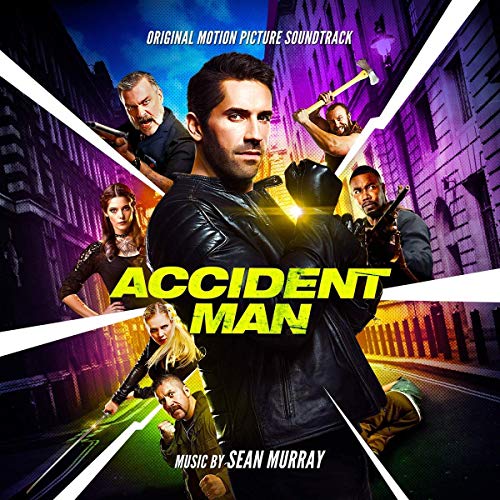 "Soundtrack CD cover for 'Accident Man' featuring a man surrounded by action characters."