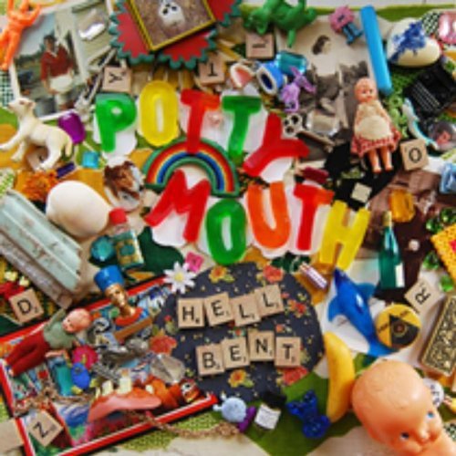 "Colorful vinyl record cover with eclectic mix of toys, trinkets, and scrabble tiles."