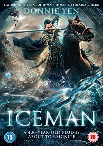 Donnie Yen on horseback holding a spear in a chaotic, icy, action-themed movie poster.