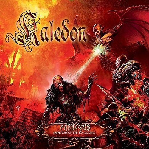 Dark fantasy album cover with demonic figures and fiery landscape.