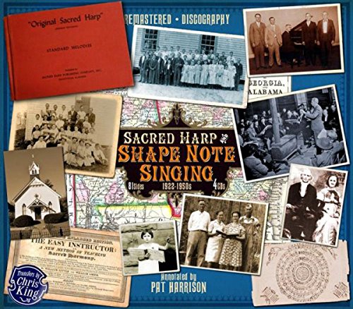 "CD cover with blue background, old photographs, and 'Sacred Harp & Shape Note Singing' text."