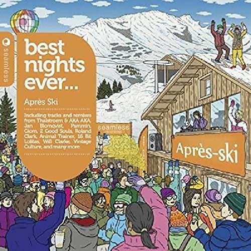 "CD cover art featuring a cartoon ski resort scene with a crowd and snowy mountains."
