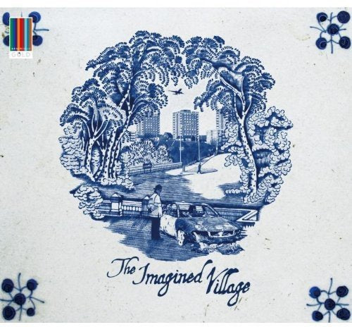 Blue and white willow pattern style album cover with a car.