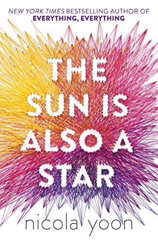 "The Sun is Also a Star" book cover with colorful starburst and white text on white background.